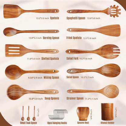 Wooden Ladle for Soup, 3 Size Teak Wood Ladle Spoon with Back Hooks, Heat Resistant Wooden Spoons for Cooking, Non-Stick, Comfortable Grip, Wood Kitchen Utensils Set for Serving, Stirring