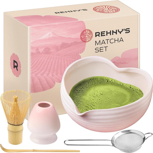 Matcha Whisk Set | Complete Pink Matcha Set w/Heart-Shaped Bowl, Bamboo Whisk, Holder, Stainless Steel Sifter, Bamboo Scoop | Cute Gift Present Macha Kit Handmade Bowl | Macha Powder Tea Kit