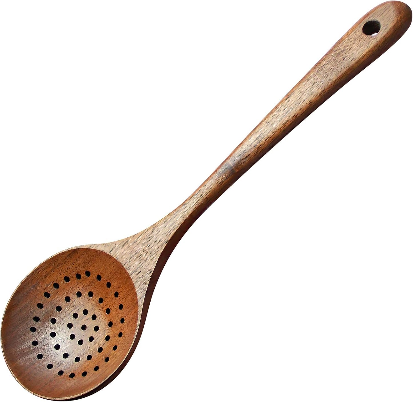 Wooden Strainer Spoon,11" Wooden Slotted Spoon for Cooking | Wood Ladle with Holes Long Handle Skimmer Spoon for Straining Draining Egg Meat Noodles