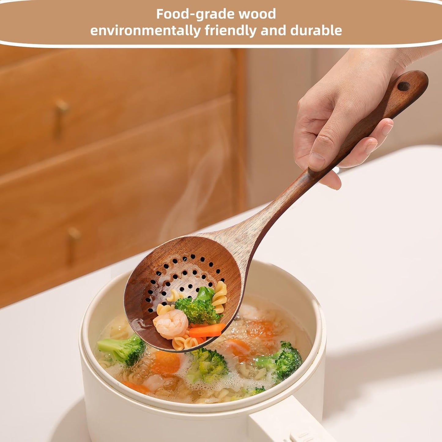 Wooden Strainer Spoon,11" Wooden Slotted Spoon for Cooking | Wood Ladle with Holes Long Handle Skimmer Spoon for Straining Draining Egg Meat Noodles