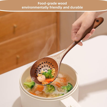 Wooden Strainer Spoon,11" Wooden Slotted Spoon for Cooking | Wood Ladle with Holes Long Handle Skimmer Spoon for Straining Draining Egg Meat Noodles