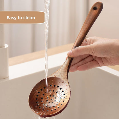 Wooden Strainer Spoon,11" Wooden Slotted Spoon for Cooking | Wood Ladle with Holes Long Handle Skimmer Spoon for Straining Draining Egg Meat Noodles