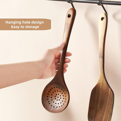 Wooden Strainer Spoon,11" Wooden Slotted Spoon for Cooking | Wood Ladle with Holes Long Handle Skimmer Spoon for Straining Draining Egg Meat Noodles