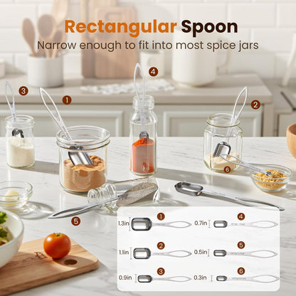 6PCS Narrow Measuring Spoons Set, Stainless Steel Measuring Spoon Fits in Spice Jars, Metal Teaspoon Measuring Spoons, Rectangular Tablespoon, Long Measuring Spoons for Dry & Liquid Ingredients