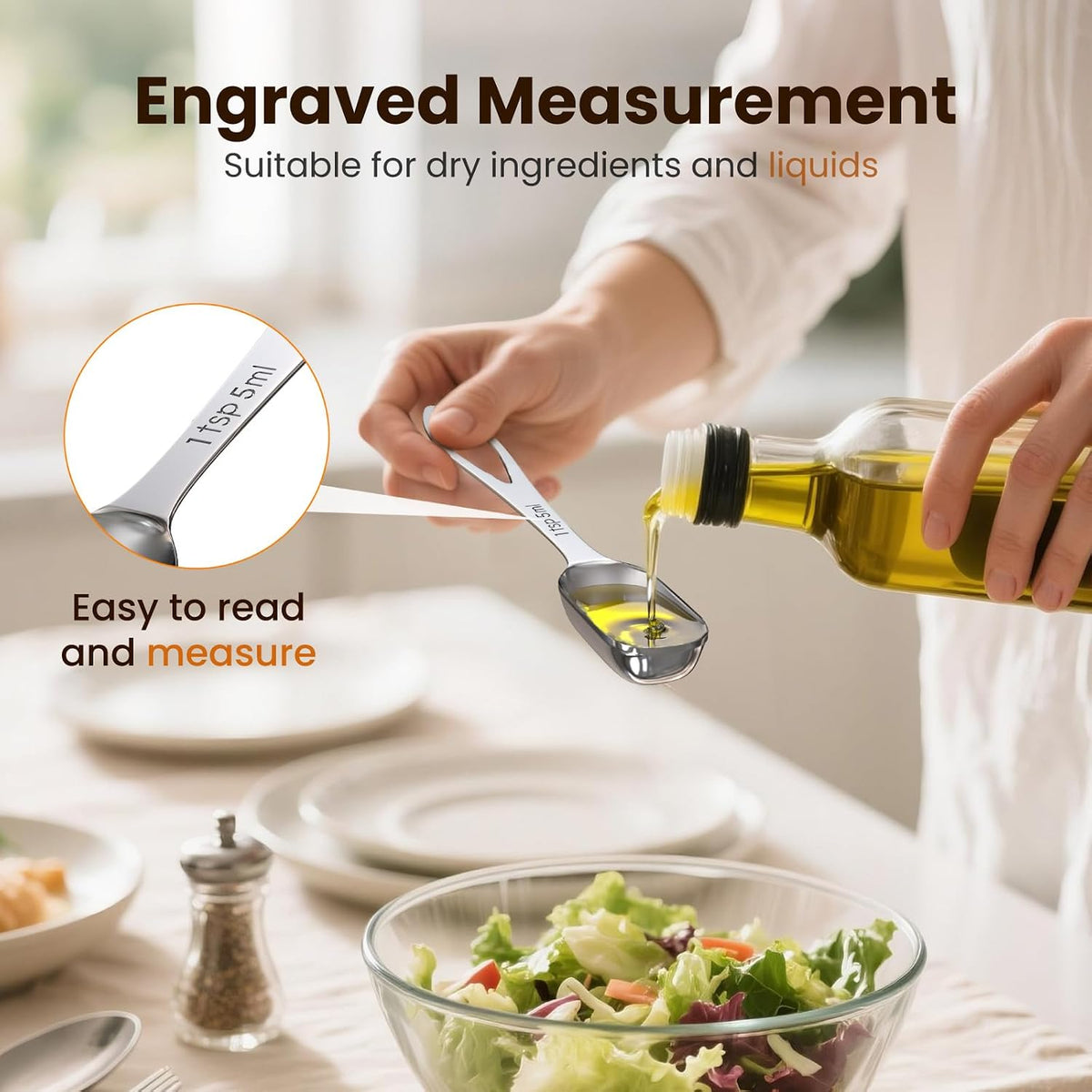 6PCS Narrow Measuring Spoons Set, Stainless Steel Measuring Spoon Fits in Spice Jars, Metal Teaspoon Measuring Spoons, Rectangular Tablespoon, Long Measuring Spoons for Dry & Liquid Ingredients
