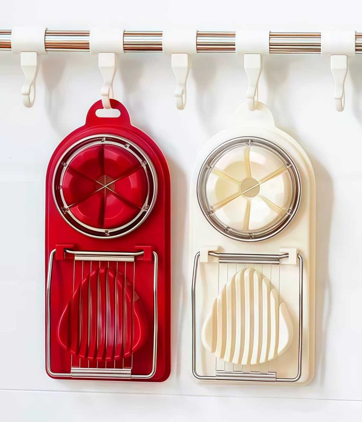 2 Pcs Egg Cutter Fruit Slicer Boiled-Eggs, Egg Peeler, Boiled Egg Peeler, Egg Chopper, Stainless Steel Cutting Wires Kitchen Egg Slicers 2 in 1 (red, white)