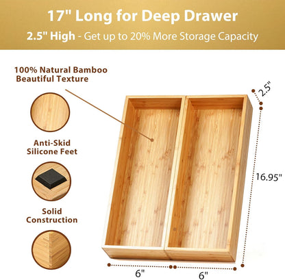 Bamboo Kitchen Utensils Organizer, Extra Long High Silverware Drawer Holder, Flatware Cutlery Storage Box, Multi-Use Drawer Divider in Office, Bathroom, Pantry - 17"x6"x2.5" (Set of 2)