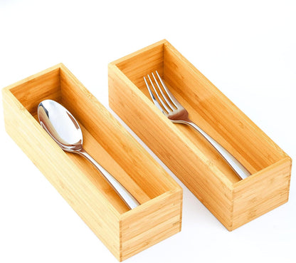 Bamboo Kitchen Utensils Organizer, Extra Long High Silverware Drawer Holder, Flatware Cutlery Storage Box, Multi-Use Drawer Divider in Office, Bathroom, Pantry - 17"x6"x2.5" (Set of 2)