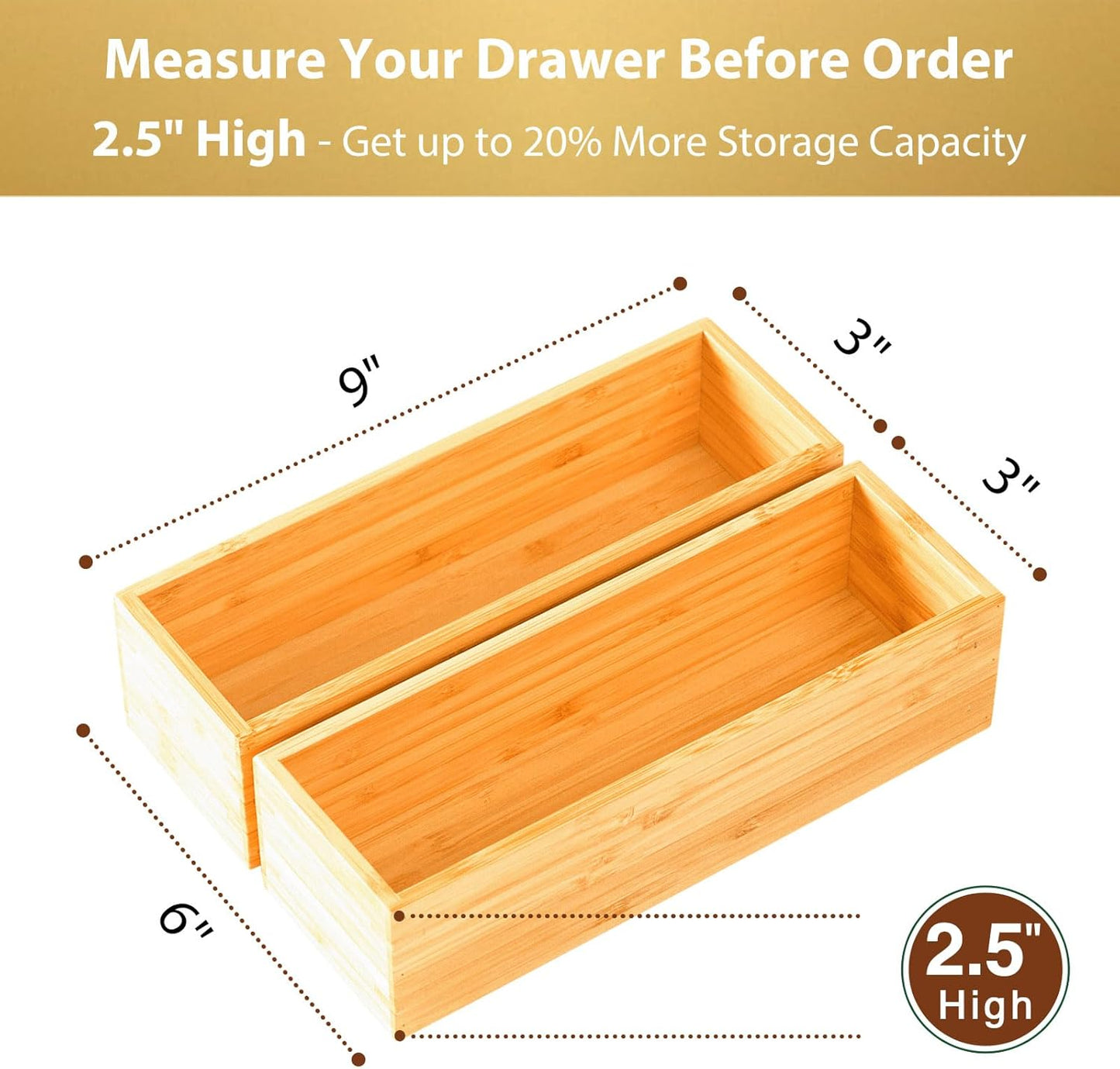 Bamboo Kitchen Utensils Organizer, Extra Long High Silverware Drawer Holder, Flatware Cutlery Storage Box, Multi-Use Drawer Divider in Office, Bathroom, Pantry - 17"x6"x2.5" (Set of 2)