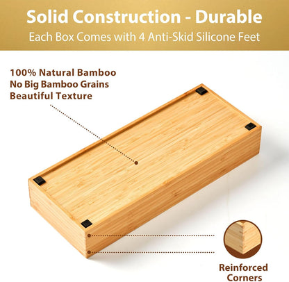 Bamboo Kitchen Utensils Organizer, Extra Long High Silverware Drawer Holder, Flatware Cutlery Storage Box, Multi-Use Drawer Divider in Office, Bathroom, Pantry - 17"x6"x2.5" (Set of 2)