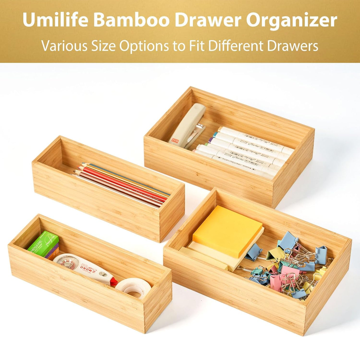 Bamboo Kitchen Utensils Organizer, Extra Long High Silverware Drawer Holder, Flatware Cutlery Storage Box, Multi-Use Drawer Divider in Office, Bathroom, Pantry - 17"x6"x2.5" (Set of 2)