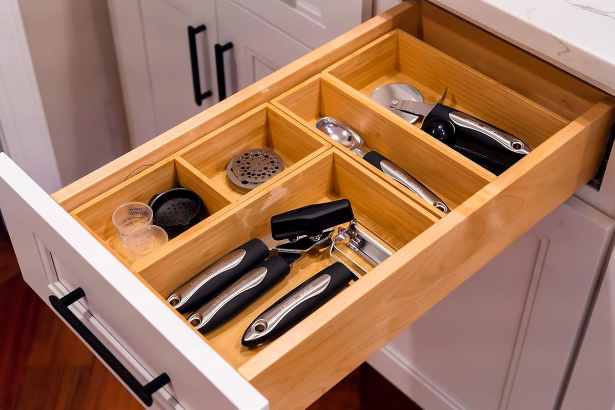 Bamboo Kitchen Utensils Organizer, Extra Long High Silverware Drawer Holder, Flatware Cutlery Storage Box, Multi-Use Drawer Divider in Office, Bathroom, Pantry - 17"x6"x2.5" (Set of 2)