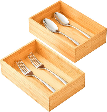 Bamboo Kitchen Utensils Organizer, Extra Long High Silverware Drawer Holder, Flatware Cutlery Storage Box, Multi-Use Drawer Divider in Office, Bathroom, Pantry - 17"x6"x2.5" (Set of 2)