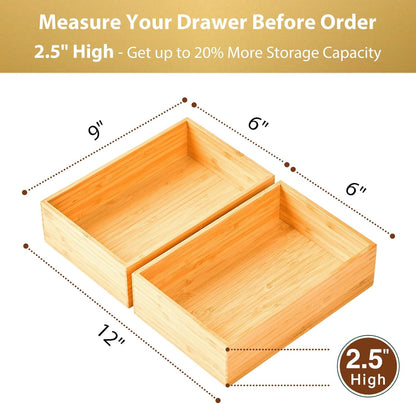 Bamboo Kitchen Utensils Organizer, Extra Long High Silverware Drawer Holder, Flatware Cutlery Storage Box, Multi-Use Drawer Divider in Office, Bathroom, Pantry - 17"x6"x2.5" (Set of 2)