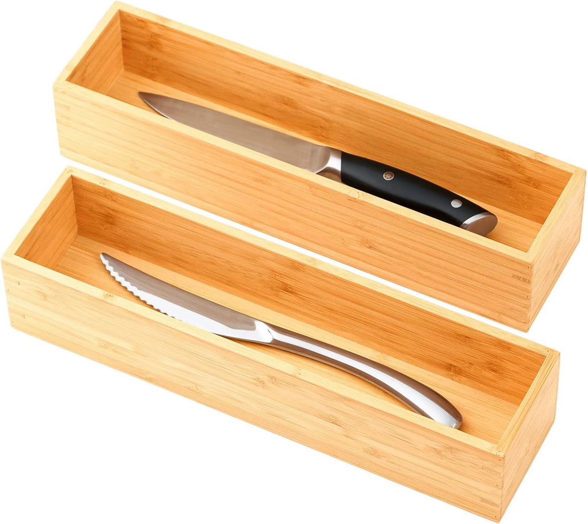 Bamboo Kitchen Utensils Organizer, Extra Long High Silverware Drawer Holder, Flatware Cutlery Storage Box, Multi-Use Drawer Divider in Office, Bathroom, Pantry - 17"x6"x2.5" (Set of 2)