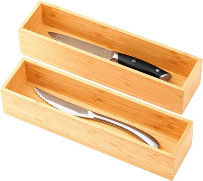 Bamboo Kitchen Utensils Organizer, Extra Long High Silverware Drawer Holder, Flatware Cutlery Storage Box, Multi-Use Drawer Divider in Office, Bathroom, Pantry - 17"x6"x2.5" (Set of 2)