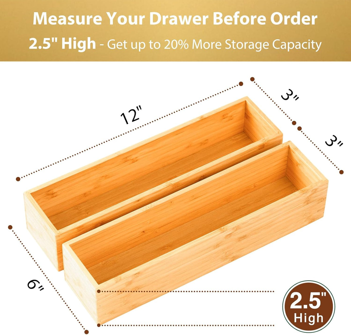 Bamboo Kitchen Utensils Organizer, Extra Long High Silverware Drawer Holder, Flatware Cutlery Storage Box, Multi-Use Drawer Divider in Office, Bathroom, Pantry - 17"x6"x2.5" (Set of 2)