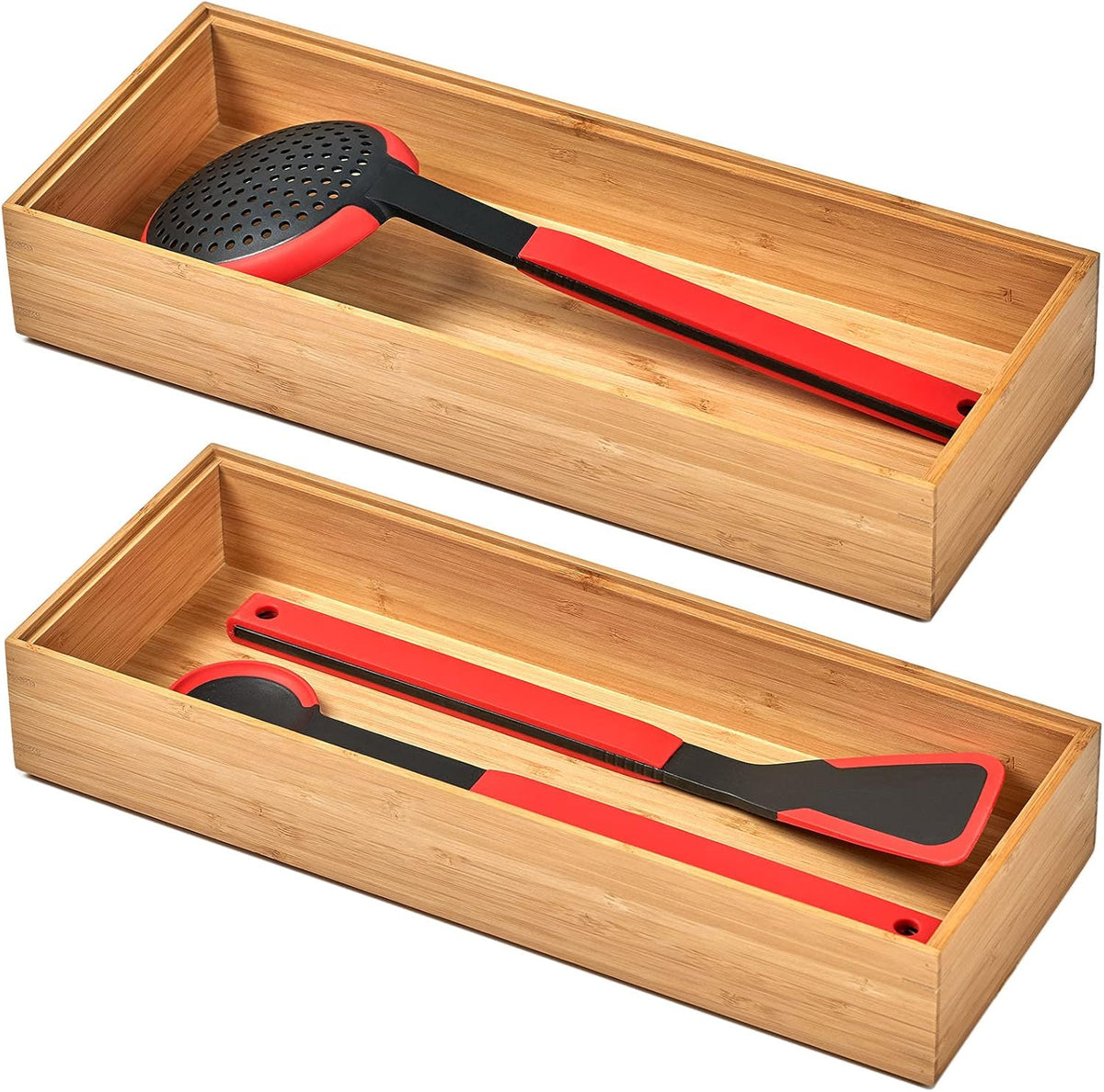 Bamboo Kitchen Utensils Organizer, Extra Long High Silverware Drawer Holder, Flatware Cutlery Storage Box, Multi-Use Drawer Divider in Office, Bathroom, Pantry - 17"x6"x2.5" (Set of 2)