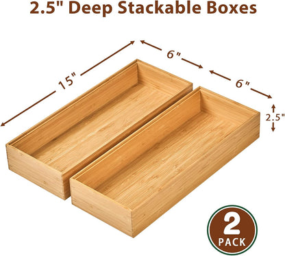 Bamboo Kitchen Utensils Organizer, Extra Long High Silverware Drawer Holder, Flatware Cutlery Storage Box, Multi-Use Drawer Divider in Office, Bathroom, Pantry - 17"x6"x2.5" (Set of 2)