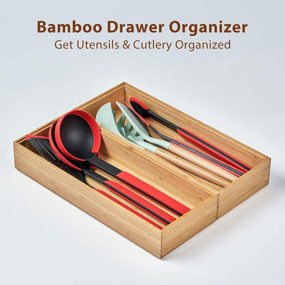 Bamboo Kitchen Utensils Organizer, Extra Long High Silverware Drawer Holder, Flatware Cutlery Storage Box, Multi-Use Drawer Divider in Office, Bathroom, Pantry - 17"x6"x2.5" (Set of 2)