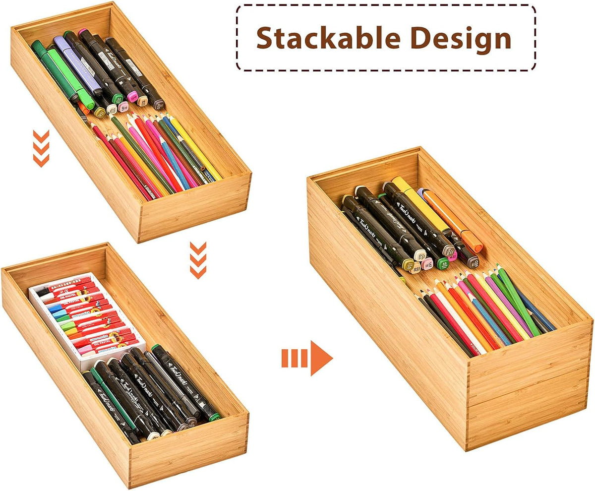 Bamboo Kitchen Utensils Organizer, Extra Long High Silverware Drawer Holder, Flatware Cutlery Storage Box, Multi-Use Drawer Divider in Office, Bathroom, Pantry - 17"x6"x2.5" (Set of 2)