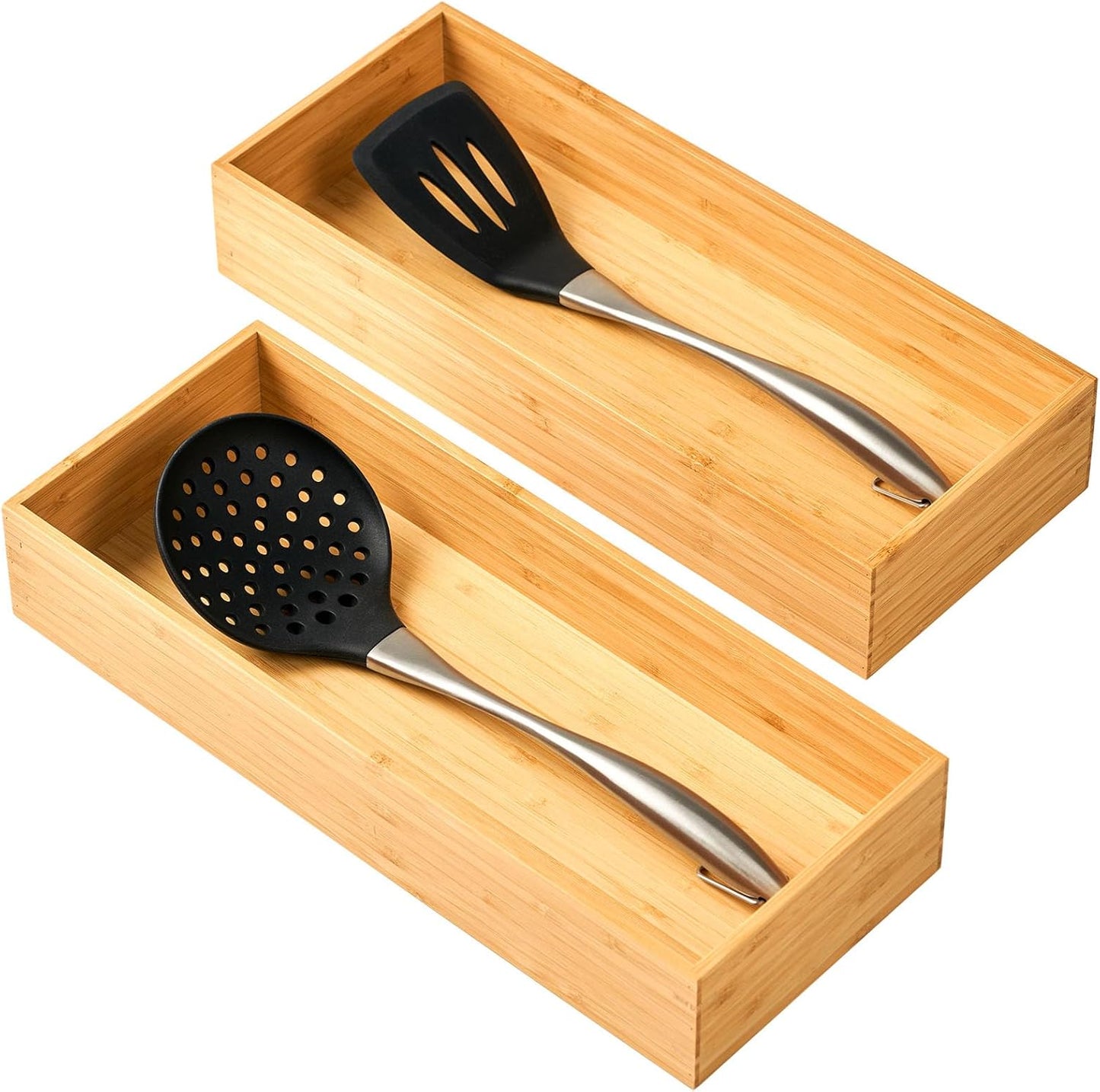 Bamboo Kitchen Utensils Organizer, Extra Long High Silverware Drawer Holder, Flatware Cutlery Storage Box, Multi-Use Drawer Divider in Office, Bathroom, Pantry - 17"x6"x2.5" (Set of 2)