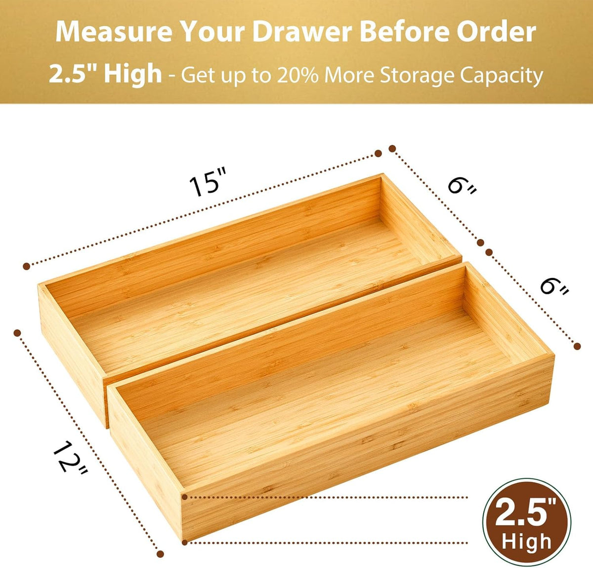 Bamboo Kitchen Utensils Organizer, Extra Long High Silverware Drawer Holder, Flatware Cutlery Storage Box, Multi-Use Drawer Divider in Office, Bathroom, Pantry - 17"x6"x2.5" (Set of 2)