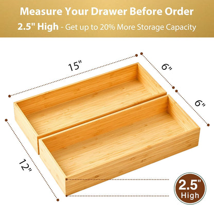 Bamboo Kitchen Utensils Organizer, Extra Long High Silverware Drawer Holder, Flatware Cutlery Storage Box, Multi-Use Drawer Divider in Office, Bathroom, Pantry - 17"x6"x2.5" (Set of 2)