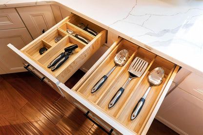 Bamboo Kitchen Utensils Organizer, Extra Long High Silverware Drawer Holder, Flatware Cutlery Storage Box, Multi-Use Drawer Divider in Office, Bathroom, Pantry - 17"x6"x2.5" (Set of 2)