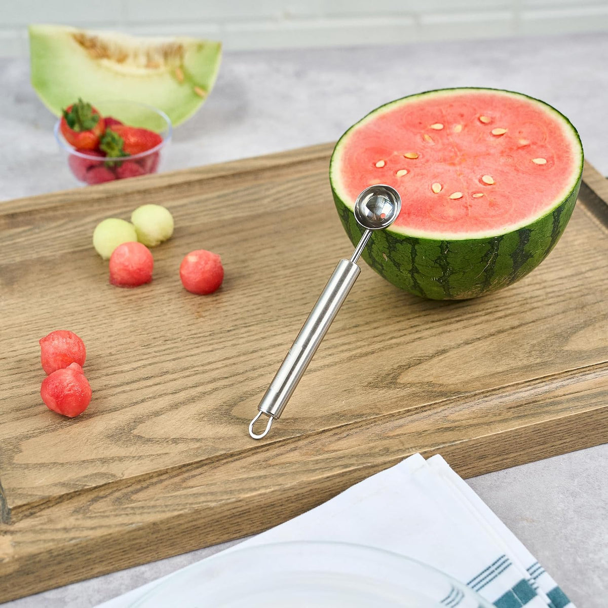 Stainless Steel Melon Baller - 6 Pack - German Standard Fruit Scooper, Ergonomic Grip, Dishwasher Safe - Fruit Baller For Watermelon, Cantaloupe, Butter, DIY Fruit Platter
