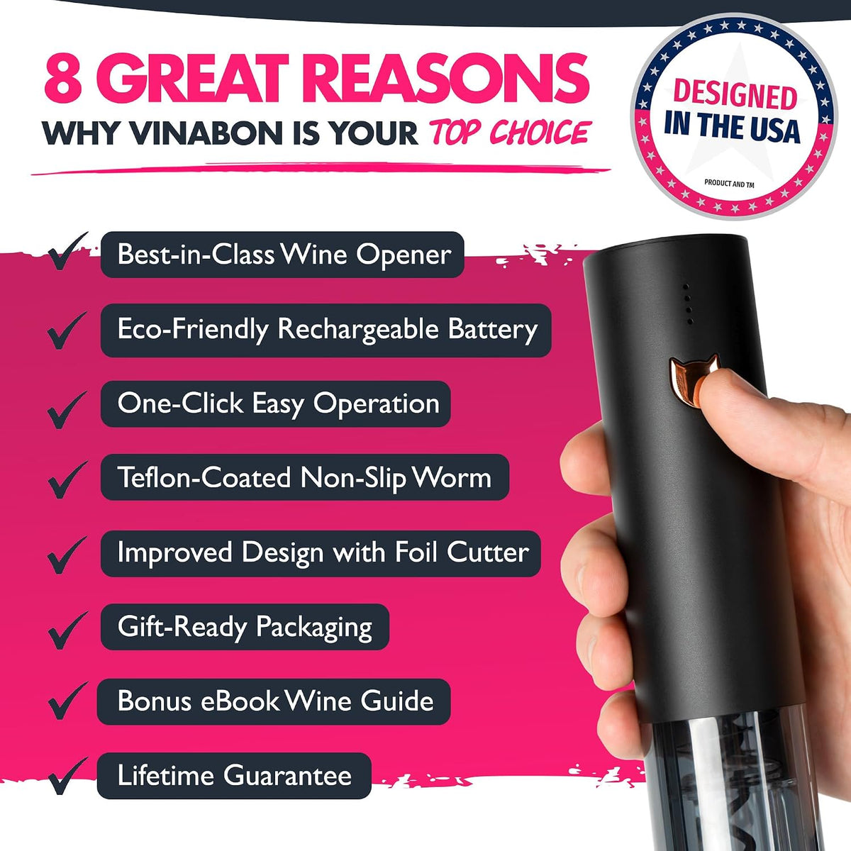 Electric Wine Opener - Updated 2026 One-Touch Automatic Wine Bottle Opener Corkscrew - Rechargeable (Up to 100 Bottles/Charge) with Foil Cutter Stand, LED Indicator. Includes Wine Guide eBook