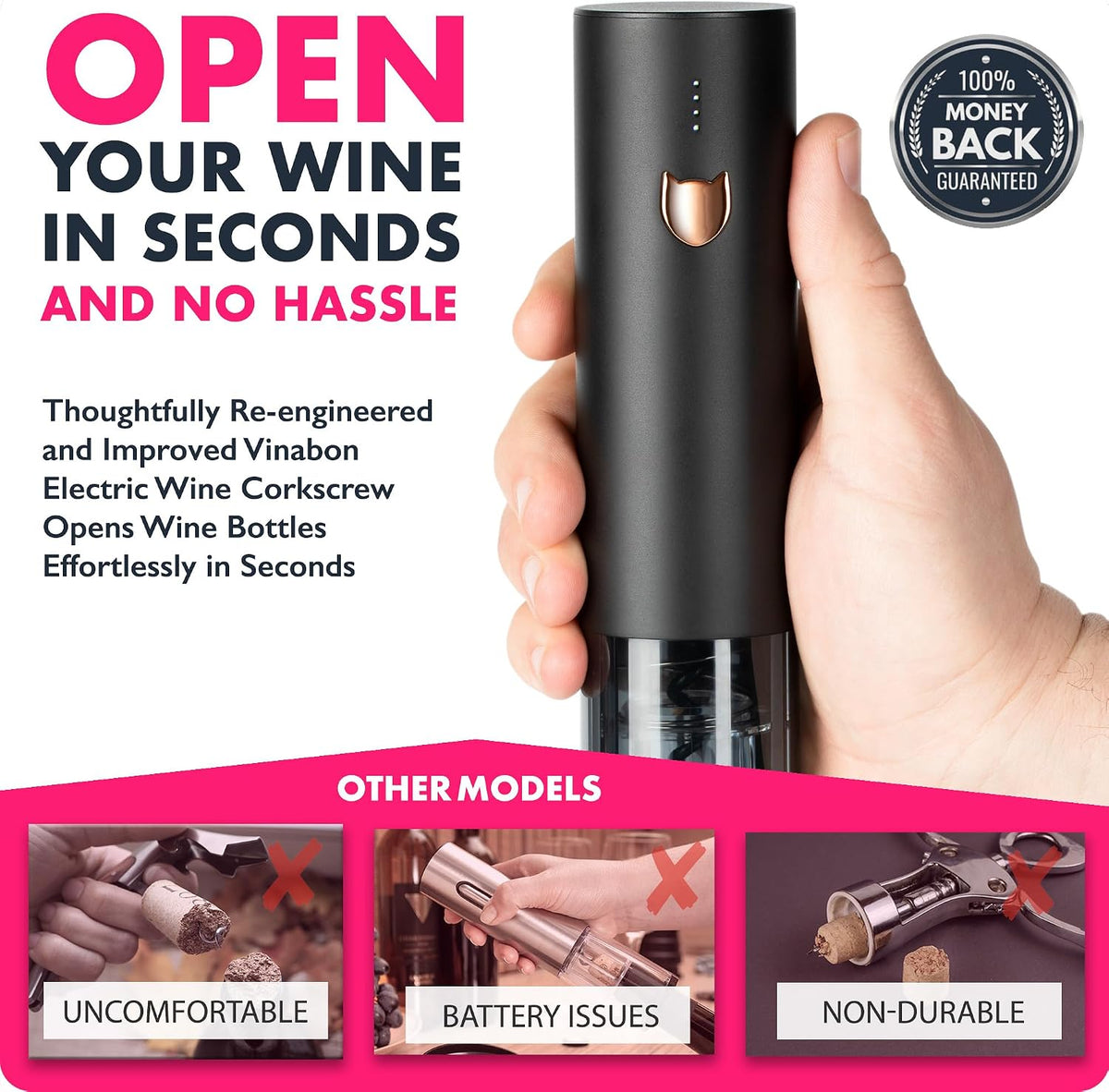 Electric Wine Opener - Updated 2026 One-Touch Automatic Wine Bottle Opener Corkscrew - Rechargeable (Up to 100 Bottles/Charge) with Foil Cutter Stand, LED Indicator. Includes Wine Guide eBook