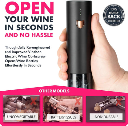Electric Wine Opener - Updated 2026 One-Touch Automatic Wine Bottle Opener Corkscrew - Rechargeable (Up to 100 Bottles/Charge) with Foil Cutter Stand, LED Indicator. Includes Wine Guide eBook