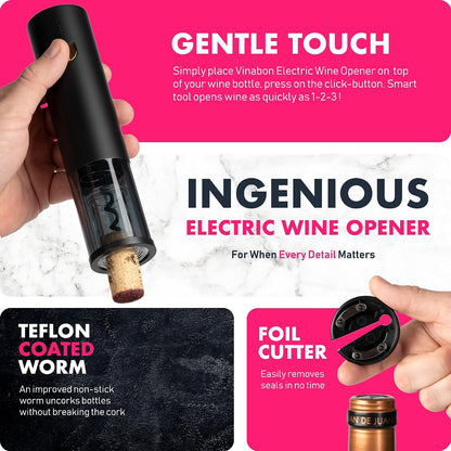 Electric Wine Opener - Updated 2026 One-Touch Automatic Wine Bottle Opener Corkscrew - Rechargeable (Up to 100 Bottles/Charge) with Foil Cutter Stand, LED Indicator. Includes Wine Guide eBook