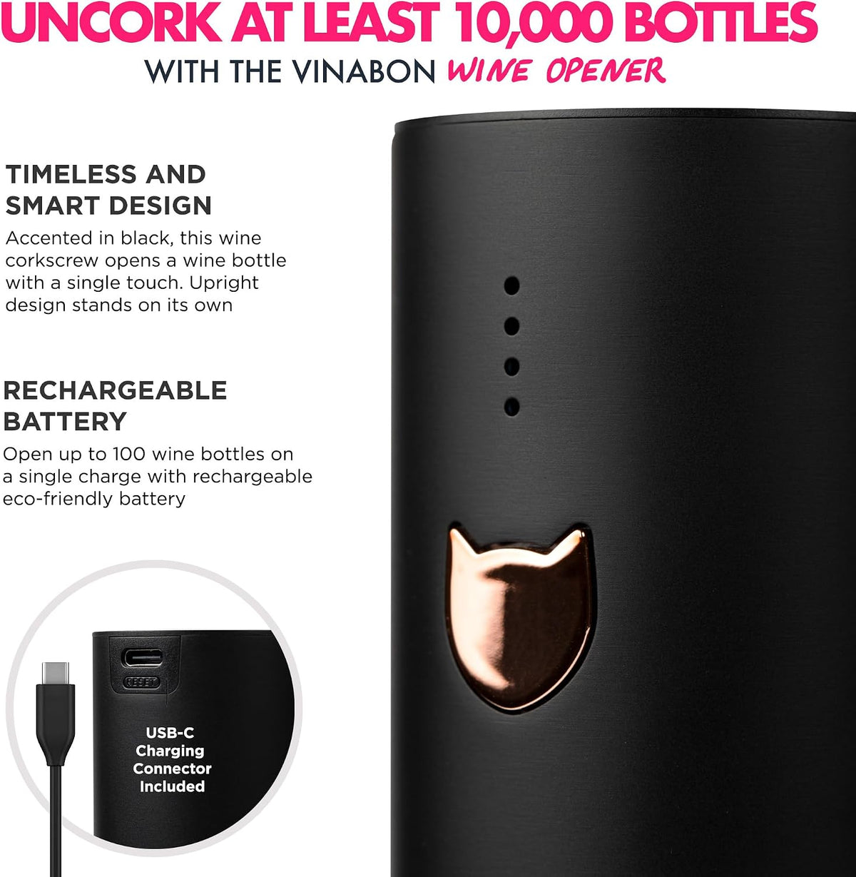 Electric Wine Opener - Updated 2026 One-Touch Automatic Wine Bottle Opener Corkscrew - Rechargeable (Up to 100 Bottles/Charge) with Foil Cutter Stand, LED Indicator. Includes Wine Guide eBook
