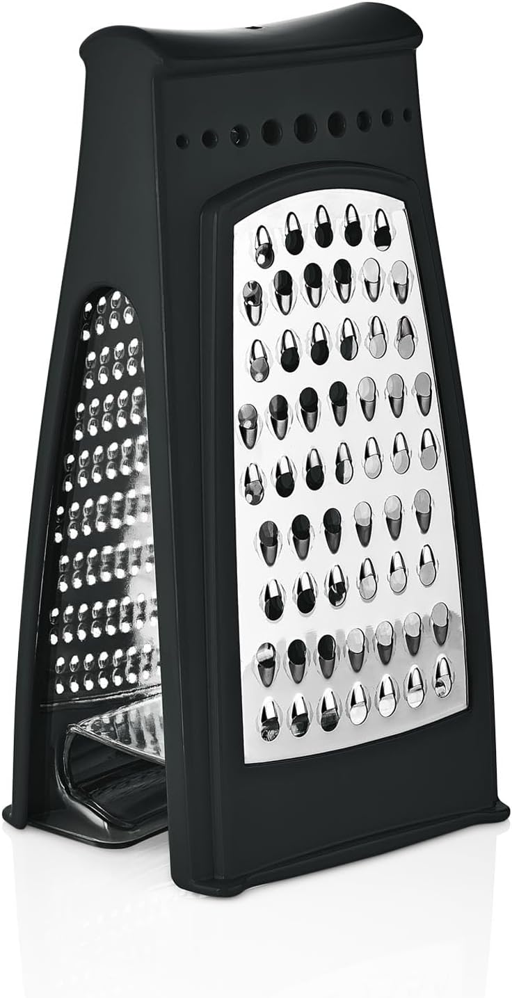 Cheese Grater with Container – Stainless Steel Box Grater with 2 Sided Removable Graters for Fine and Coarse Shredding – Ideal for Cheese, Vegetables, Garlic, and Ginger – Black Grater and Clear Box