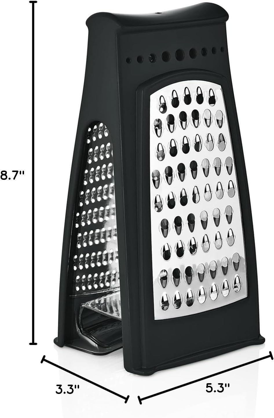 Cheese Grater with Container – Stainless Steel Box Grater with 2 Sided Removable Graters for Fine and Coarse Shredding – Ideal for Cheese, Vegetables, Garlic, and Ginger – Black Grater and Clear Box