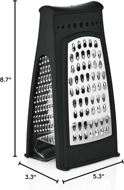 Cheese Grater with Container – Stainless Steel Box Grater with 2 Sided Removable Graters for Fine and Coarse Shredding – Ideal for Cheese, Vegetables, Garlic, and Ginger – Black Grater and Clear Box