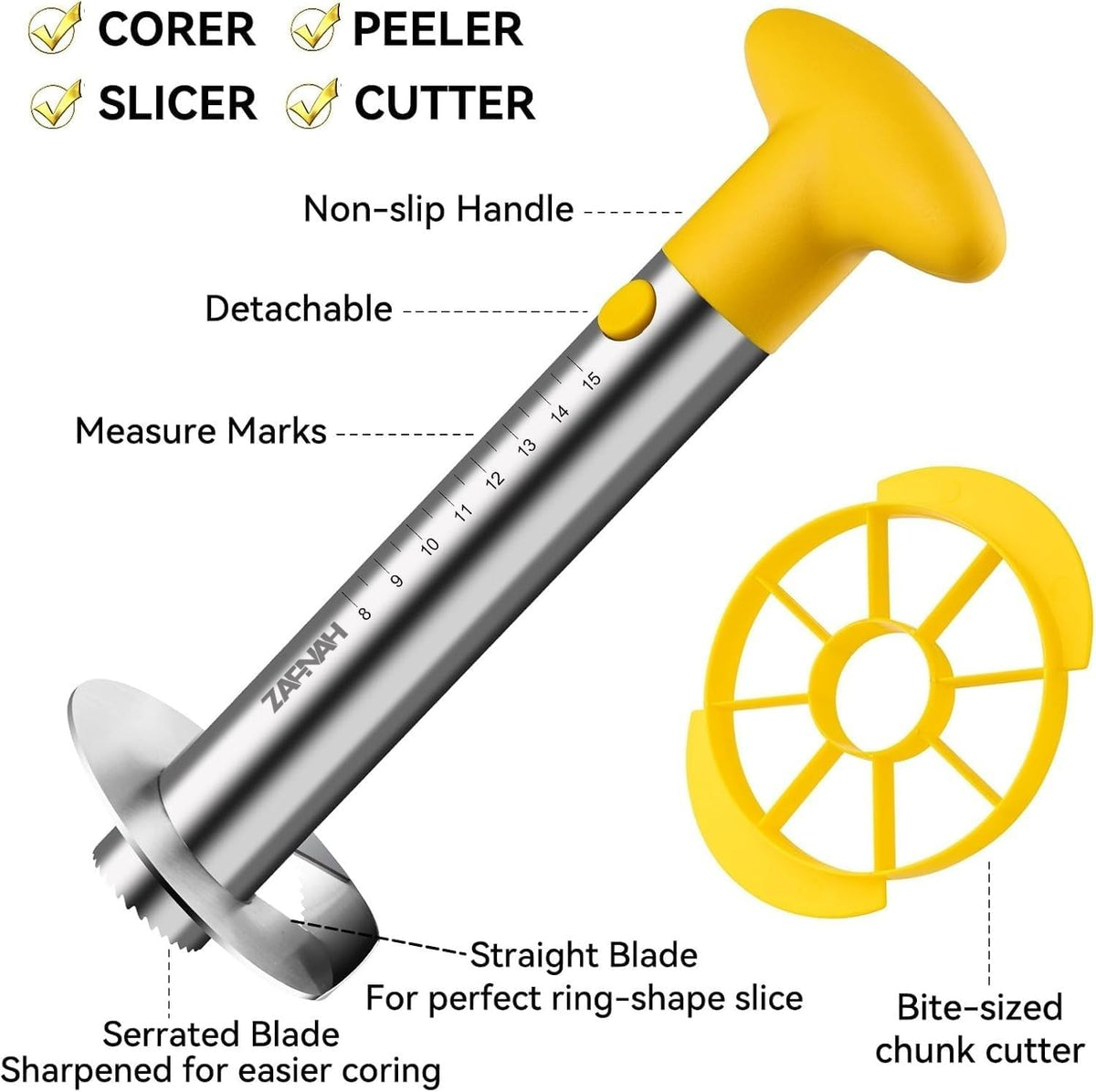 Pineapple Corer & Slicer Tool - Stainless Steel Pineapple Peeler, Easy Core Remover, Eye Removal Tool, Pelador De Pia (Yellow with Measure Marks)
