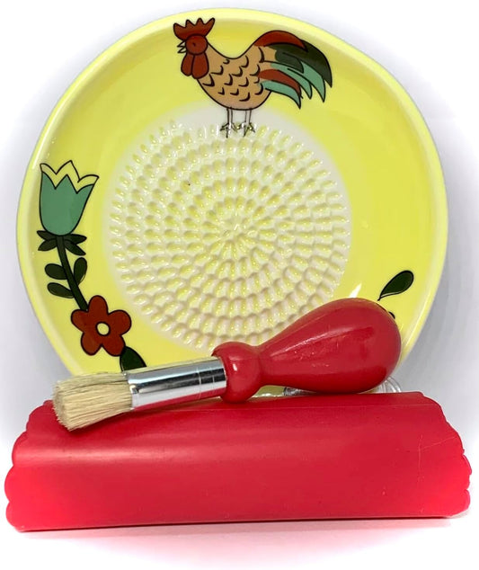 Premium Ceramic Garlic Grater Plate Set - Yellow Rooster | Includes 5.25" Plate, Peeler, Brush, and Stand - For Strawberries, Ginger, Chocolate, Cheese, and more - Make your own puree!