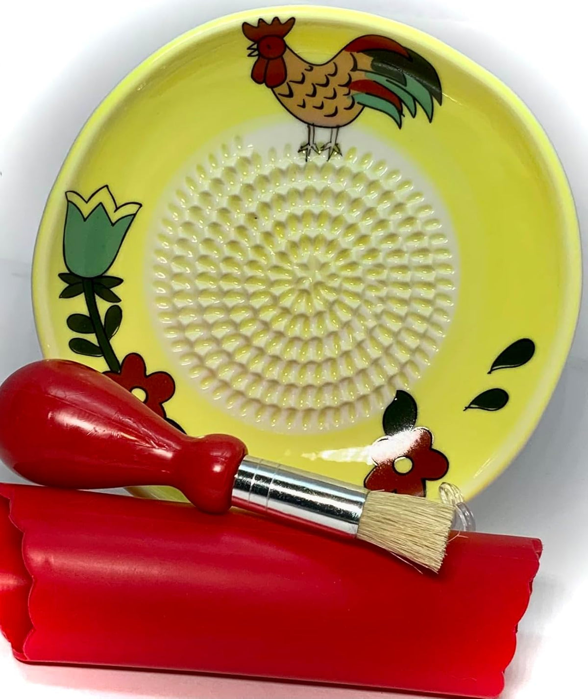 Premium Ceramic Garlic Grater Plate Set - Yellow Rooster | Includes 5.25" Plate, Peeler, Brush, and Stand - For Strawberries, Ginger, Chocolate, Cheese, and more - Make your own puree!