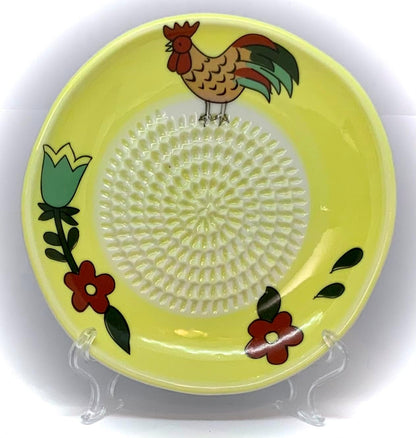 Premium Ceramic Garlic Grater Plate Set - Yellow Rooster | Includes 5.25" Plate, Peeler, Brush, and Stand - For Strawberries, Ginger, Chocolate, Cheese, and more - Make your own puree!
