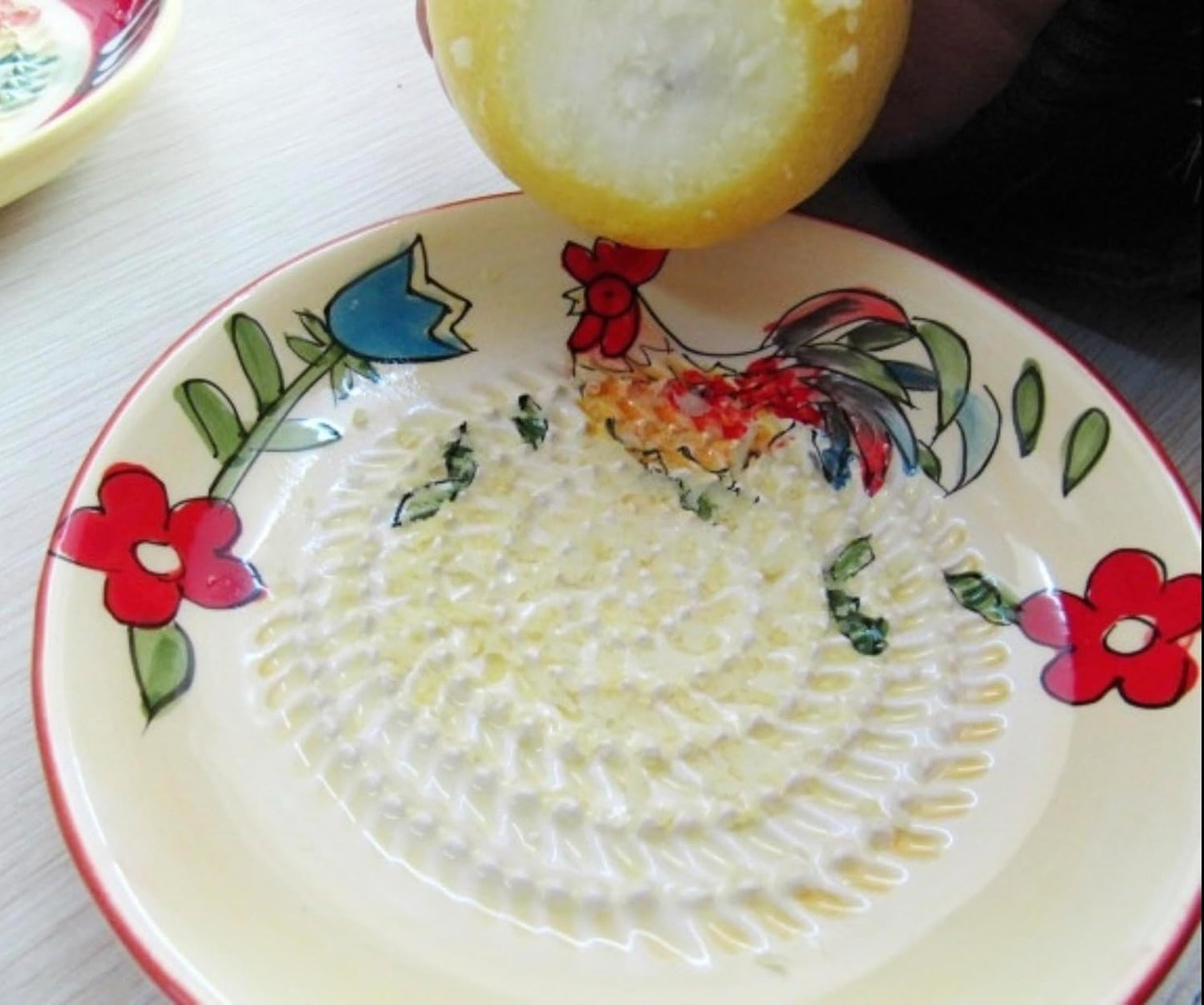 Premium Ceramic Garlic Grater Plate Set - Yellow Rooster | Includes 5.25" Plate, Peeler, Brush, and Stand - For Strawberries, Ginger, Chocolate, Cheese, and more - Make your own puree!