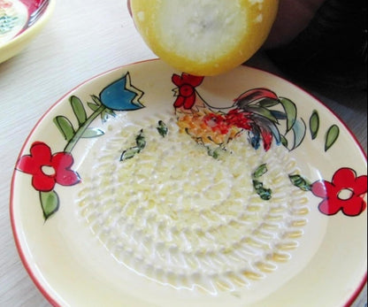 Premium Ceramic Garlic Grater Plate Set - Yellow Rooster | Includes 5.25" Plate, Peeler, Brush, and Stand - For Strawberries, Ginger, Chocolate, Cheese, and more - Make your own puree!