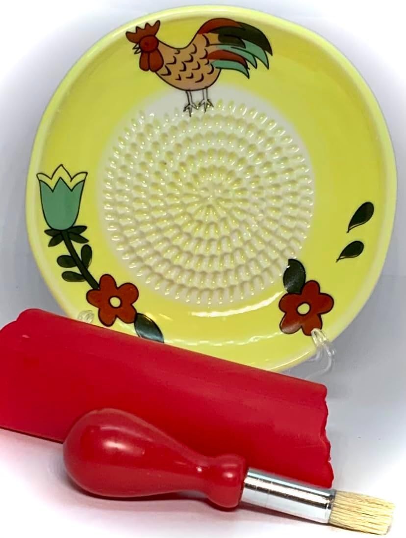 Premium Ceramic Garlic Grater Plate Set - Yellow Rooster | Includes 5.25" Plate, Peeler, Brush, and Stand - For Strawberries, Ginger, Chocolate, Cheese, and more - Make your own puree!