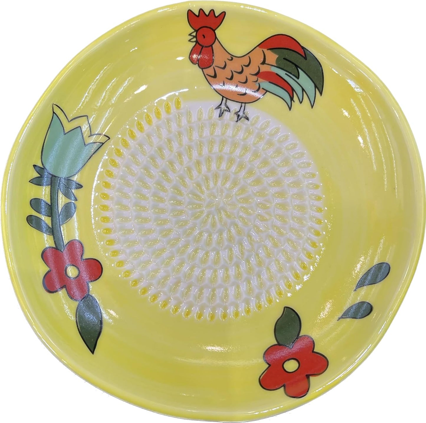 Premium Ceramic Garlic Grater Plate Set - Yellow Rooster | Includes 5.25" Plate, Peeler, Brush, and Stand - For Strawberries, Ginger, Chocolate, Cheese, and more - Make your own puree!