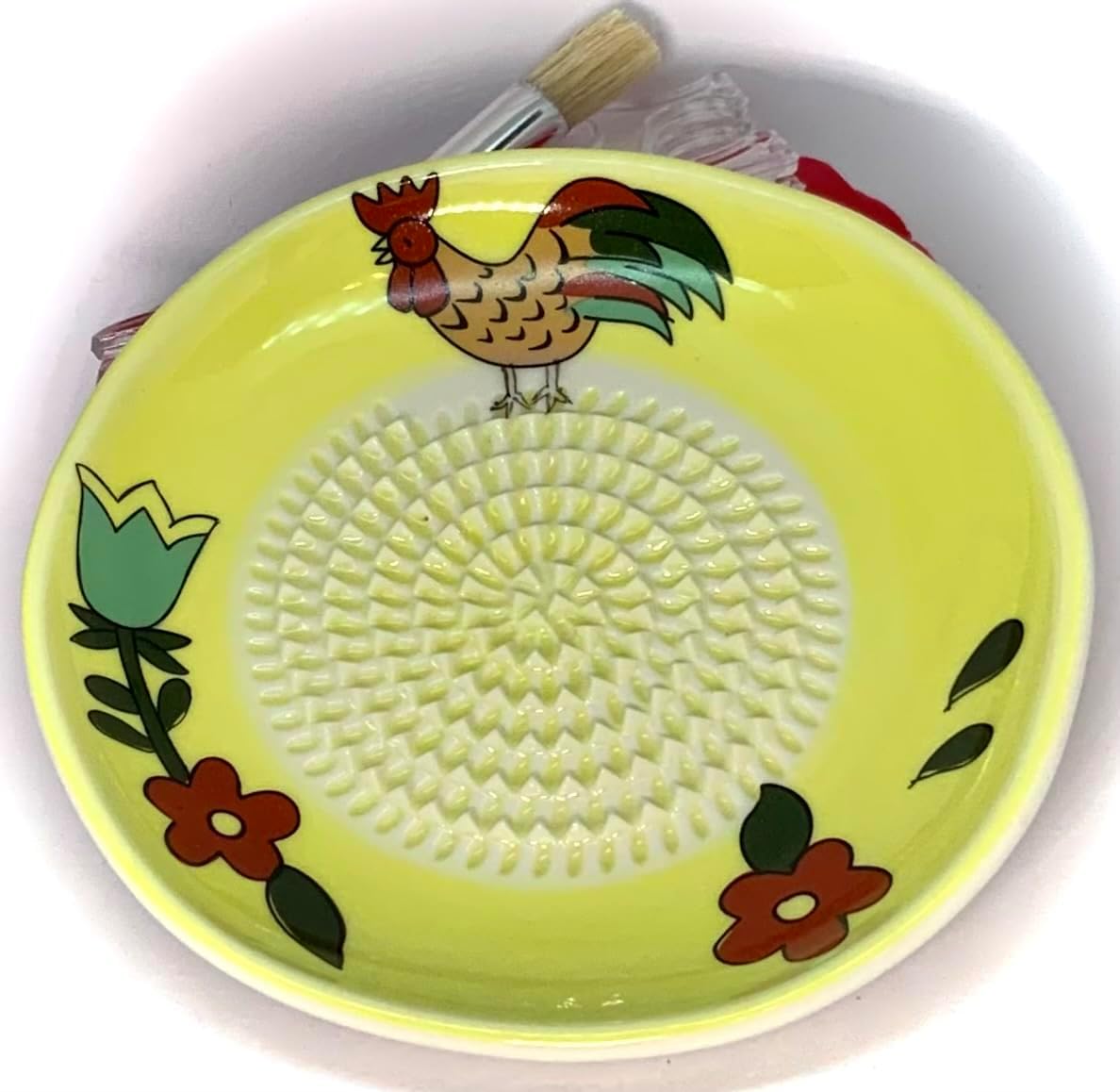 Premium Ceramic Garlic Grater Plate Set - Yellow Rooster | Includes 5.25" Plate, Peeler, Brush, and Stand - For Strawberries, Ginger, Chocolate, Cheese, and more - Make your own puree!