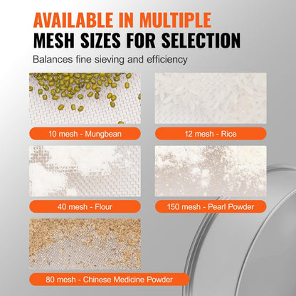 Flour Sieve, 10 Mesh Sifter, 304 Stainless Steel Food-grade Fine Mesh Strainer, Dia. 12.6" for Baking, 5 Sizes Mesh Hole for Mungbean, Rice, Pearl Powder