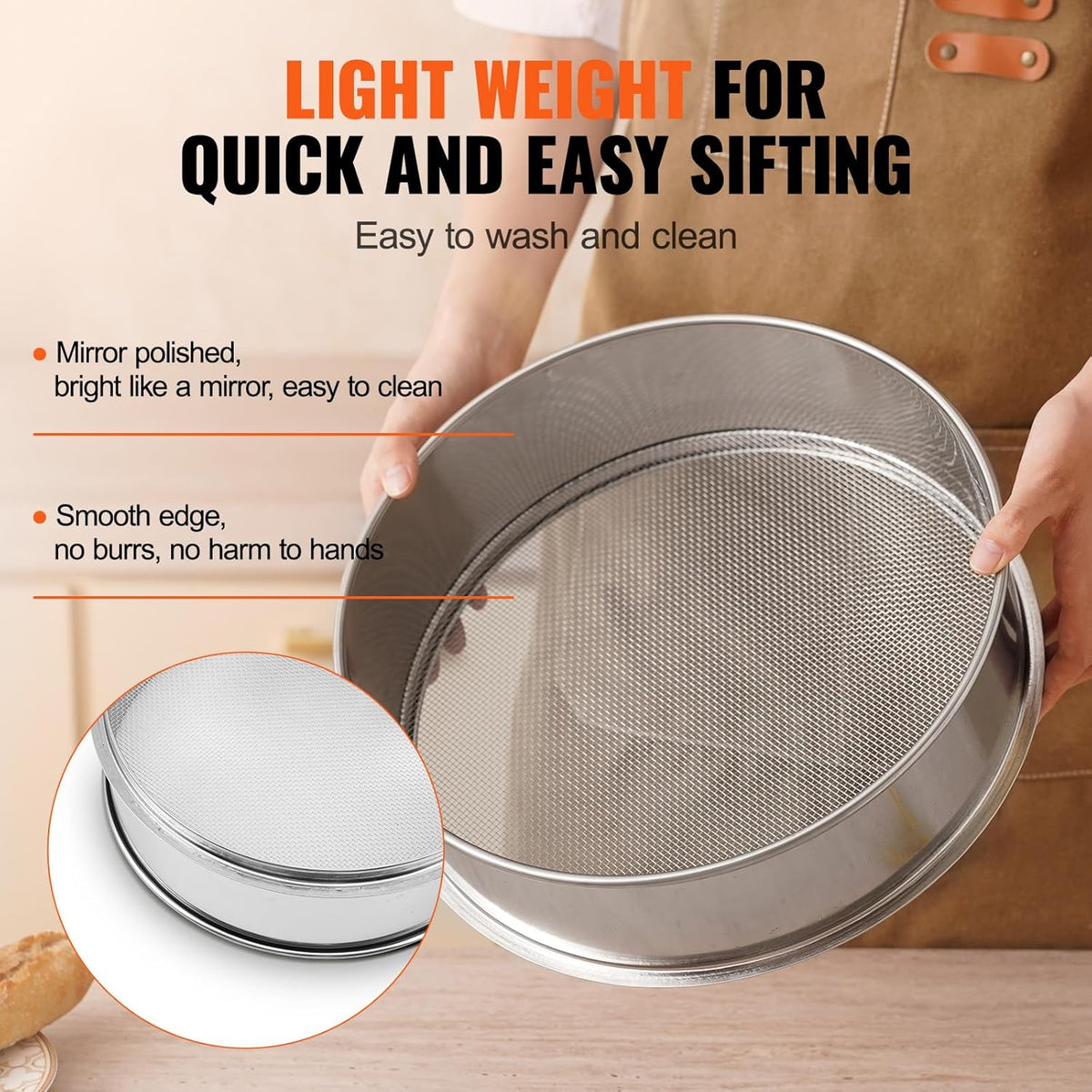 Flour Sieve, 10 Mesh Sifter, 304 Stainless Steel Food-grade Fine Mesh Strainer, Dia. 12.6" for Baking, 5 Sizes Mesh Hole for Mungbean, Rice, Pearl Powder