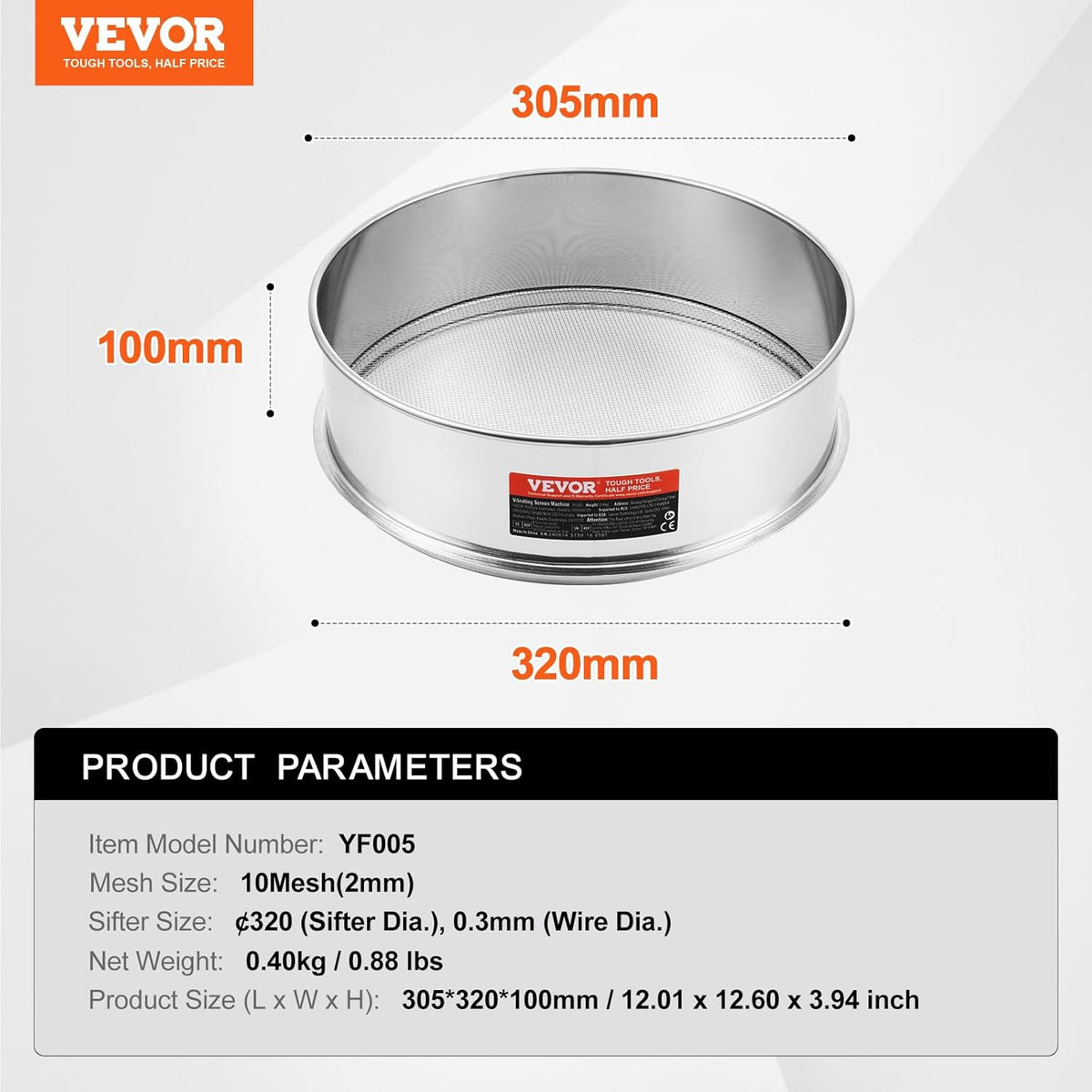 Flour Sieve, 10 Mesh Sifter, 304 Stainless Steel Food-grade Fine Mesh Strainer, Dia. 12.6" for Baking, 5 Sizes Mesh Hole for Mungbean, Rice, Pearl Powder